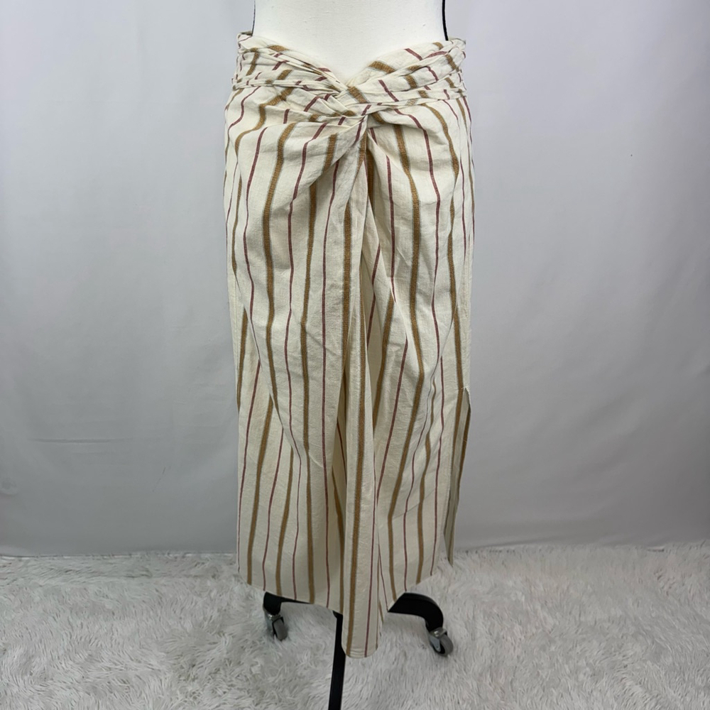 Madewell Twist-Front Sarong Midi Skirt Stripe Womens Cream 2 Side Slit Linen NWT - Picture 5 of 14